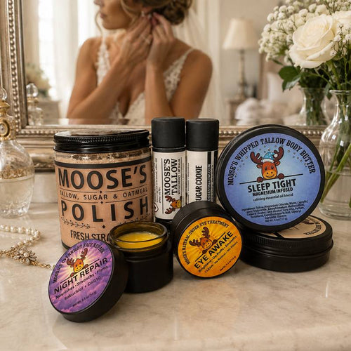 Moose's Tallow bridal skincare gift set: Fresh Strawberry Sugar Polish, lip balm, Sleep Tight body butter, Eye Awake, and Night Repair