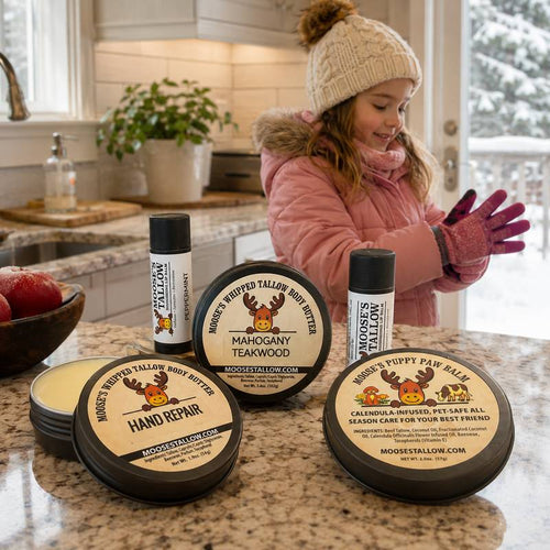 Girl in a winter coat on a snowy porch with Moose's Tallow winter skincare: peppermint lip balm, Mahogany Teakwood body butter, and Puppy Paw Balm