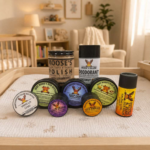 Nursery scene with Moose's Tallow gifts for new moms and babies: Sugar Polish, Baby Bum Butter, Sleep Tight, Baby Butter, and Night Repair
