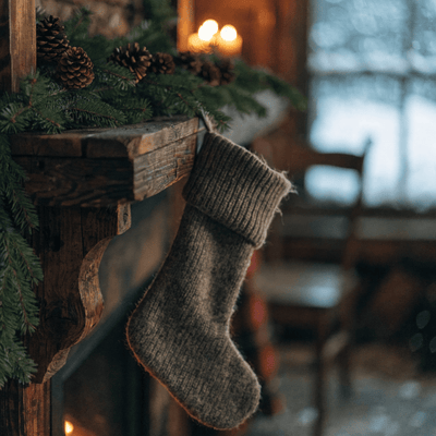 Christmas stocking on a rustic wood mantel — stocking stuffers for men