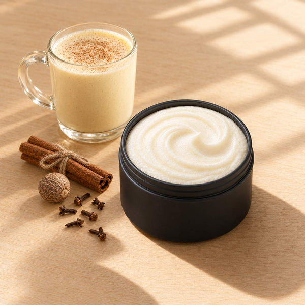 Eggnog whipped tallow body butter in an open matte black tin beside a glass mug of eggnog, cinnamon sticks, nutmeg and cloves