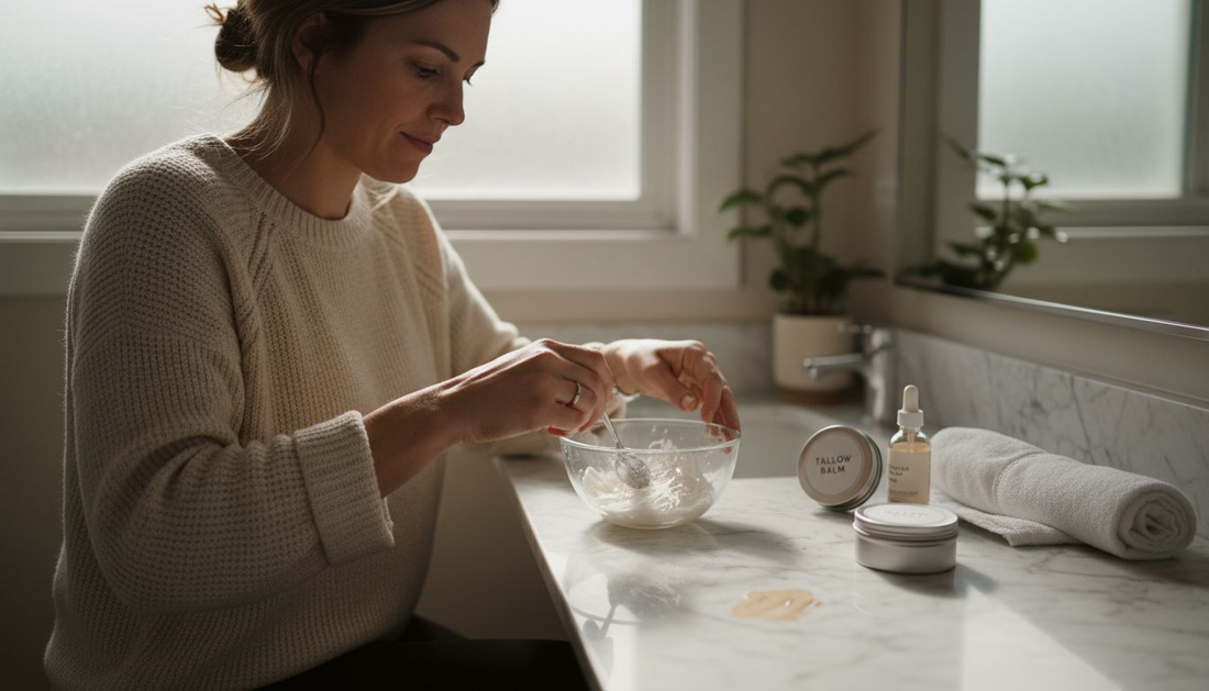 Woman blending tallow and coconut oil