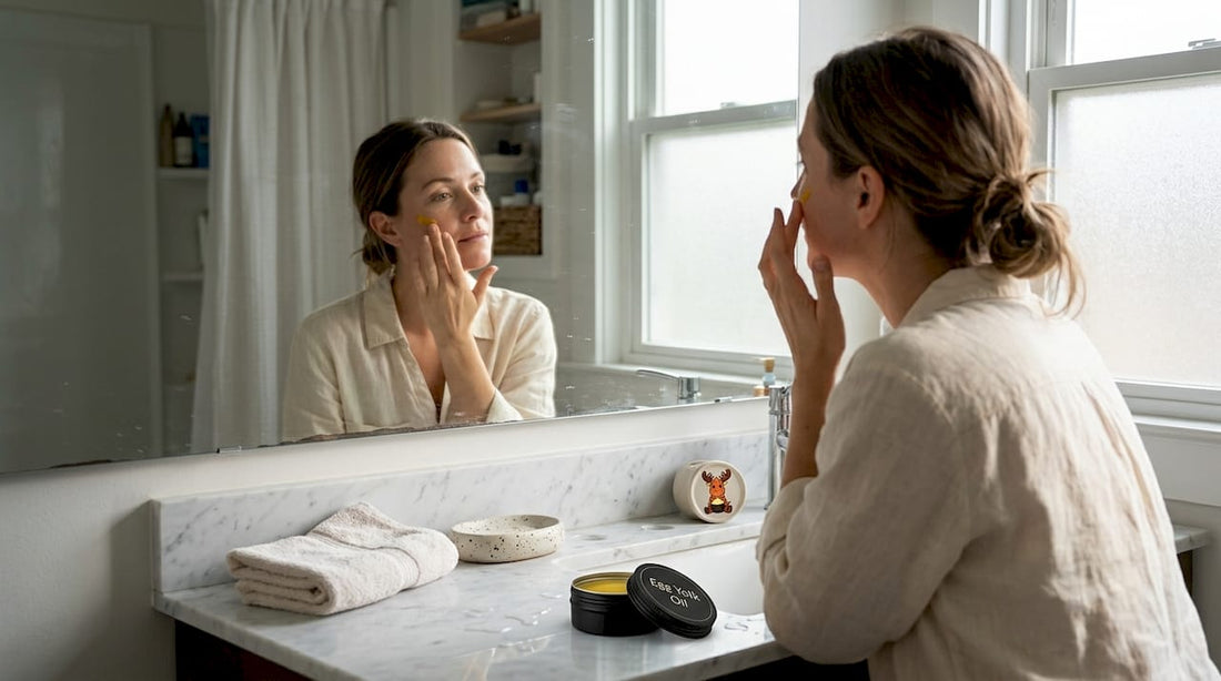 Woman applying egg yolk oil at bathroom vanity