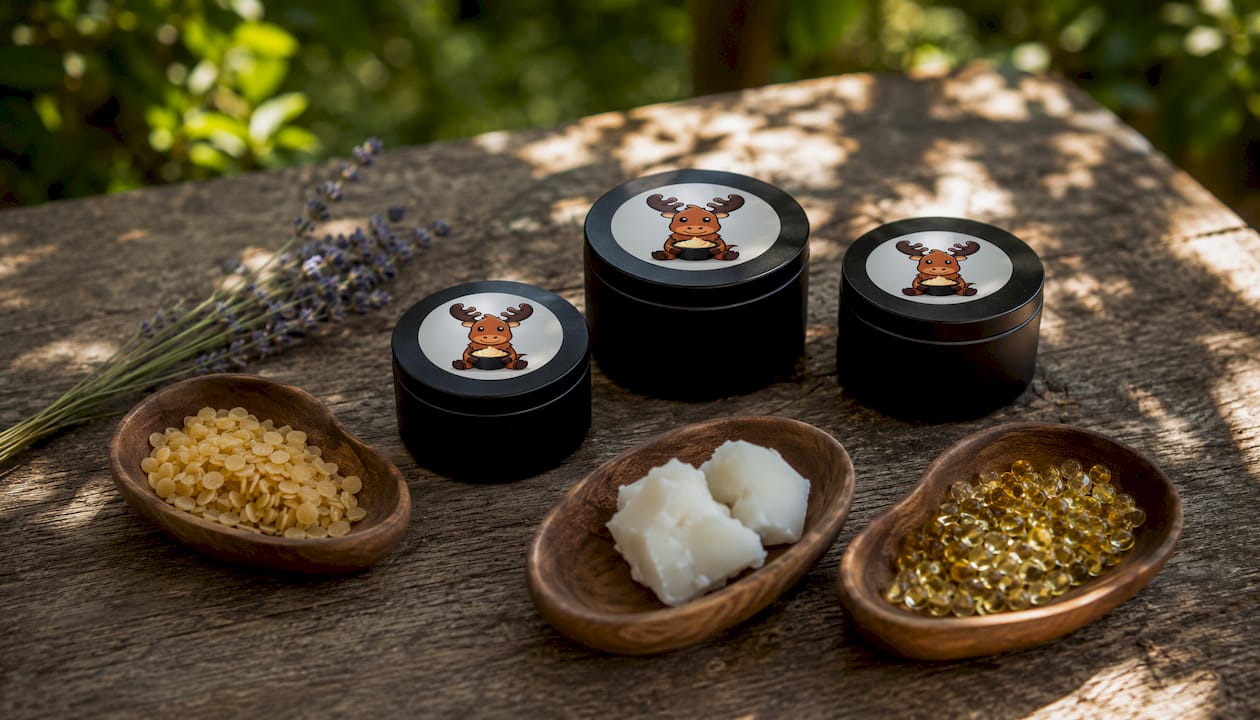 Matte black tin tallow containers with natural skincare ingredients