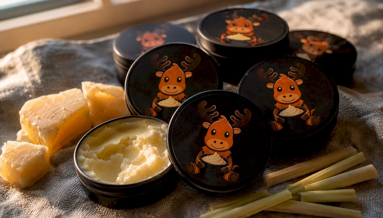 Black matte tin tallow balm containers with natural ingredients