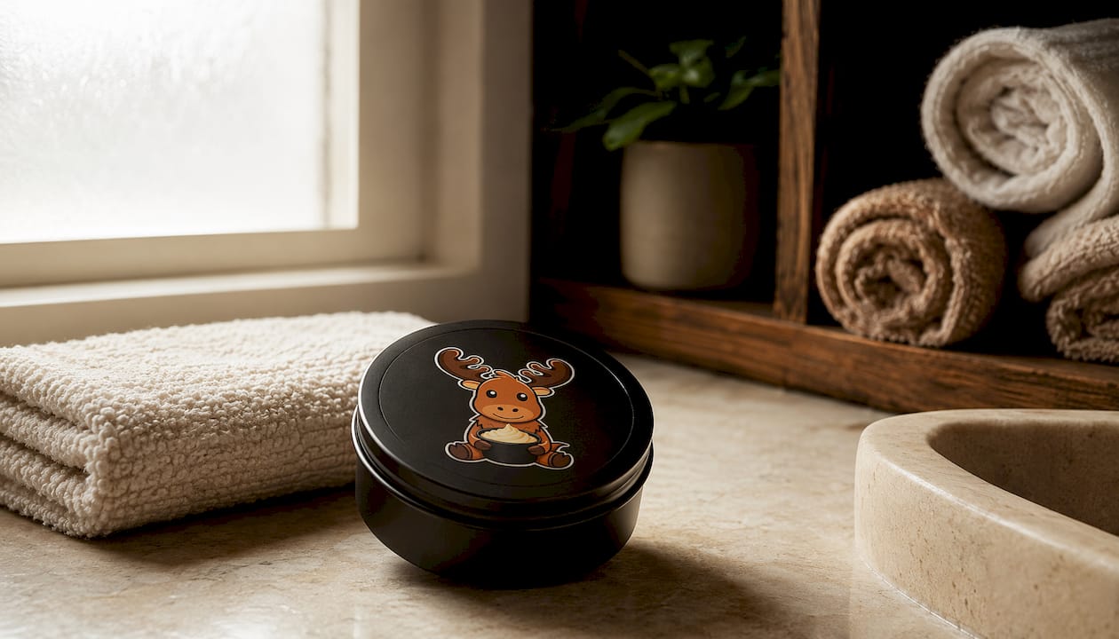 Black matte tin of tallow balm on wooden surface