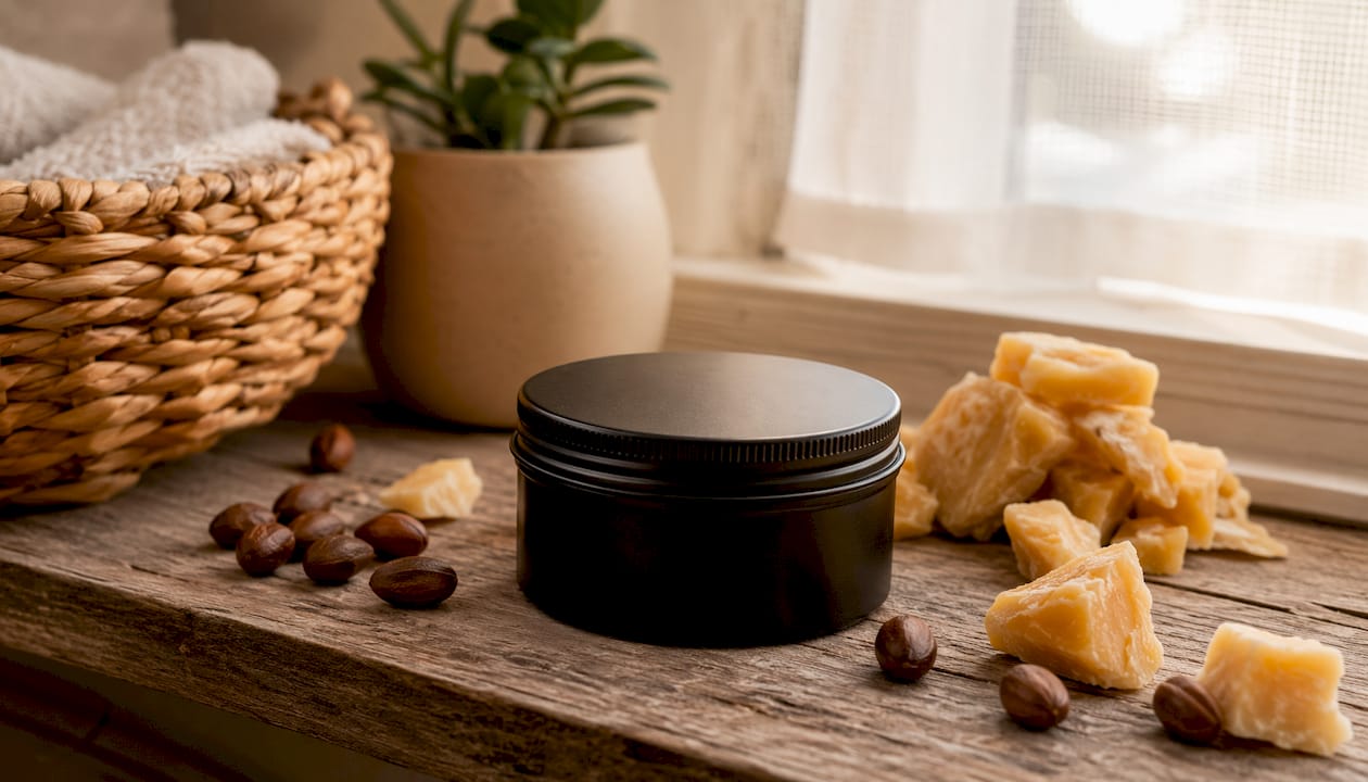 Matte black tallow tin with natural ingredients