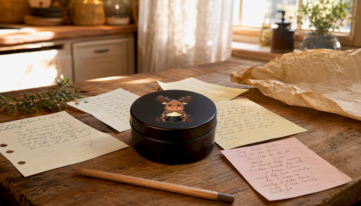 Matte black tallow container and printed skincare reviews