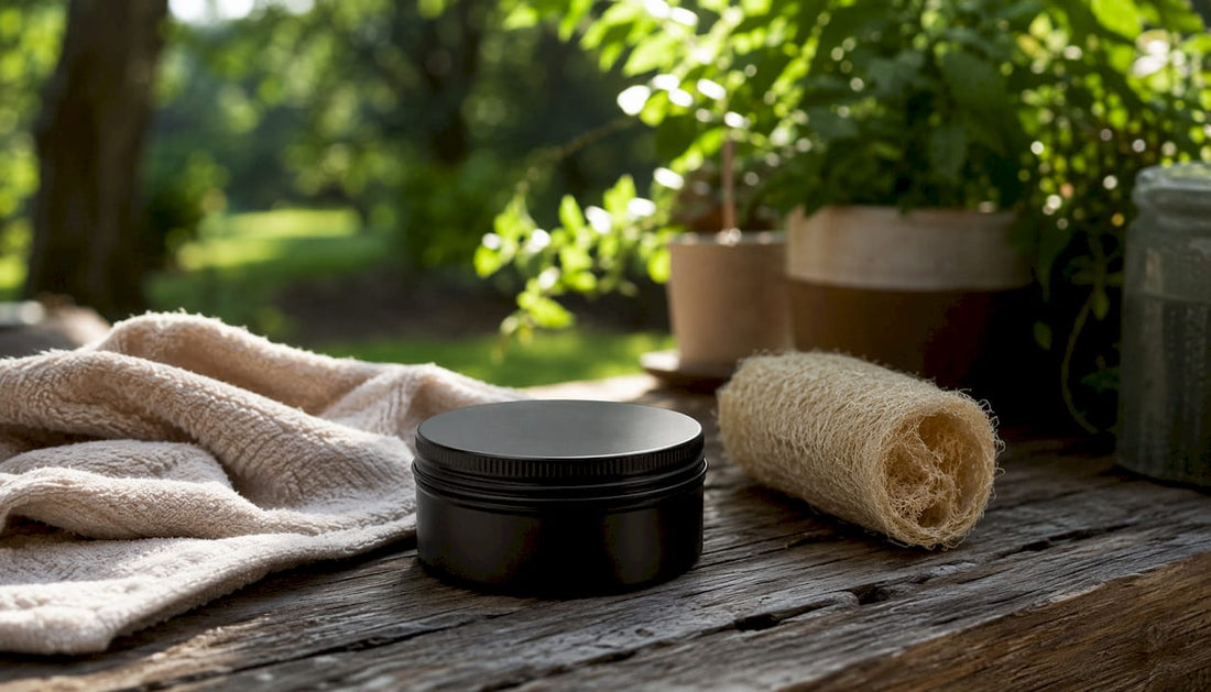 Black matte tin of tallow skincare on bathroom vanity