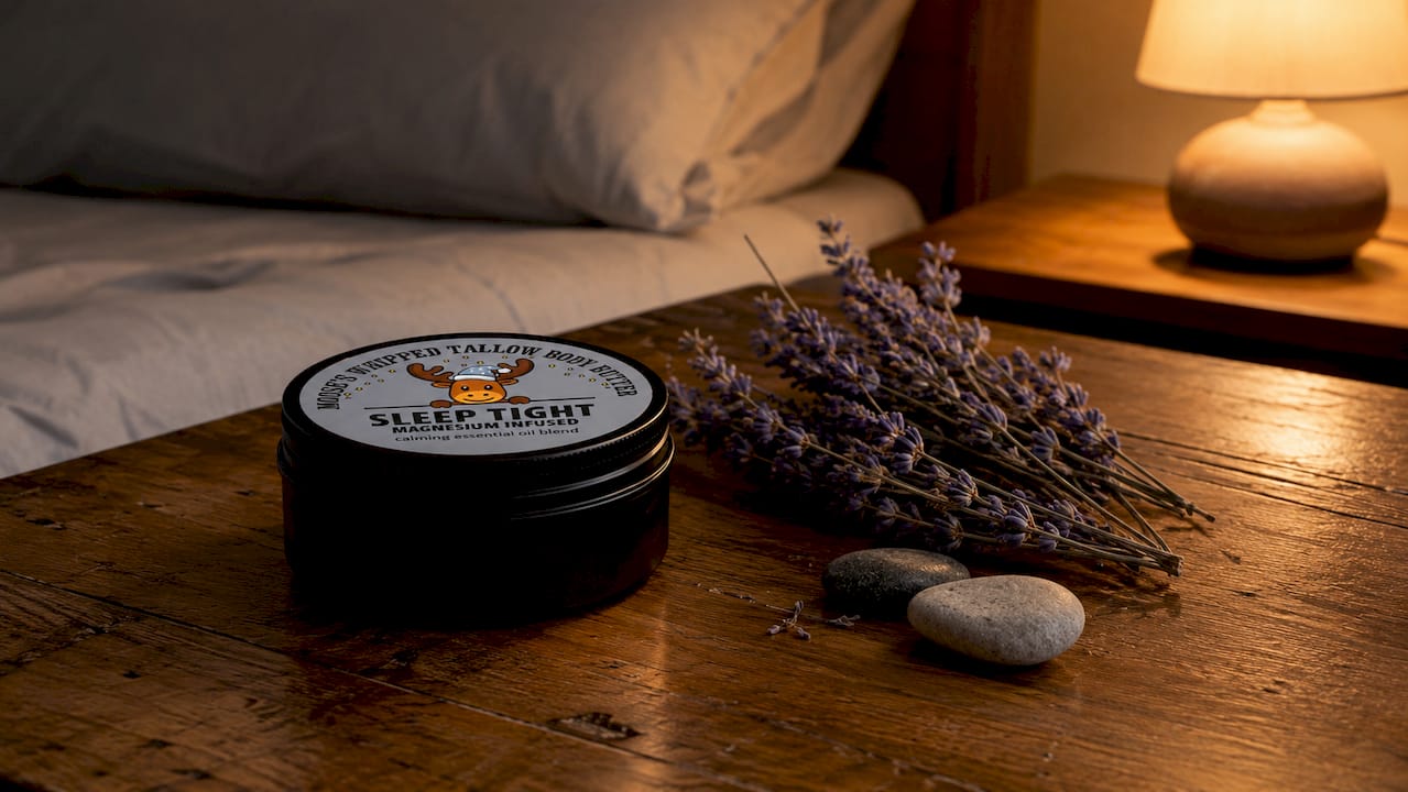 Black matte tin tallow container on wood surface