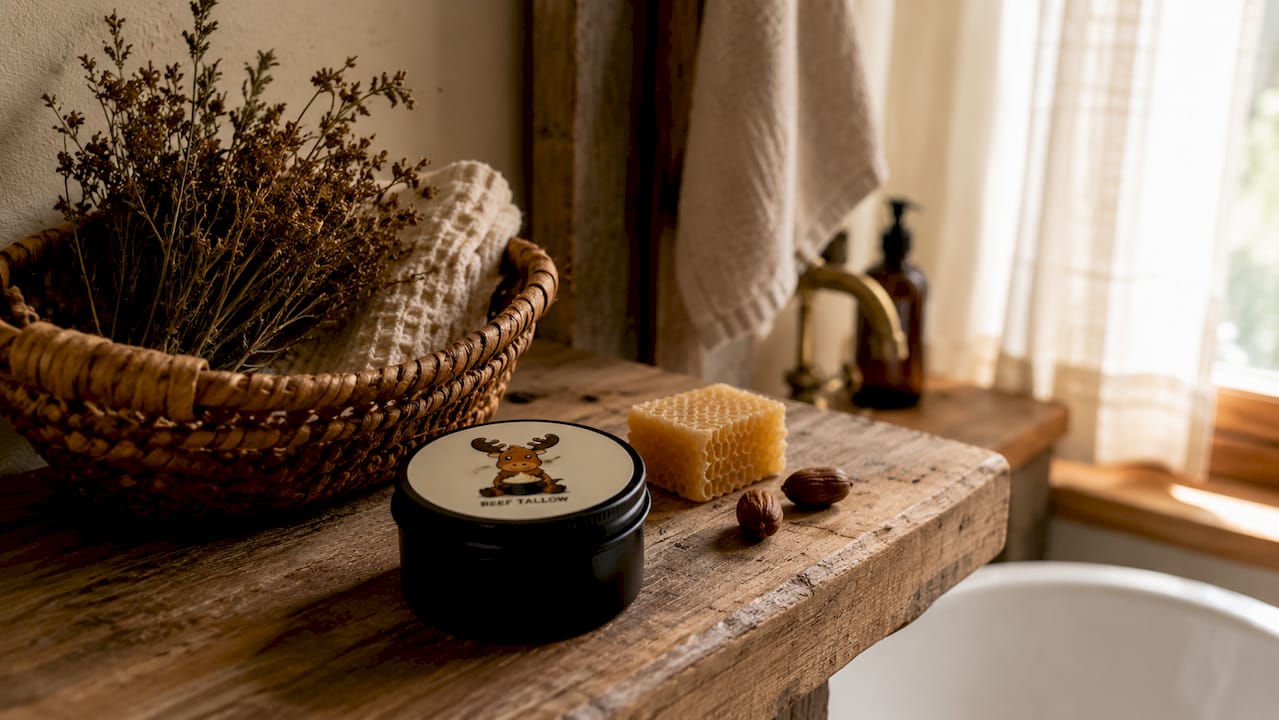 Black matte tin of beef tallow on bathroom vanity