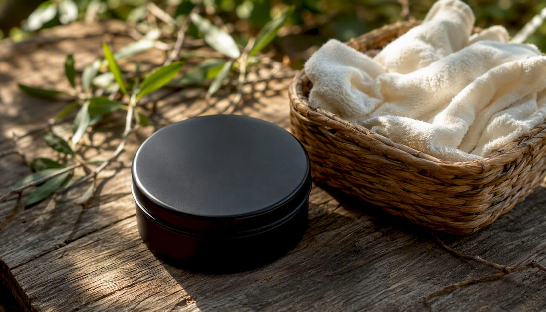 Matte black tallow container on white cloth