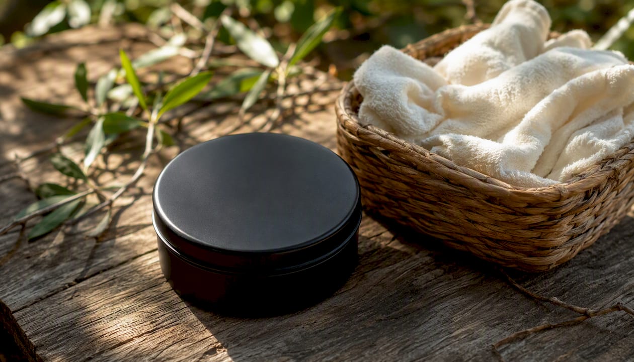 Matte black tallow container on white cloth