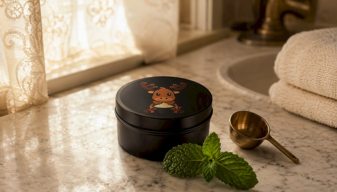 Black matte tin tallow deodorant balm on bathroom counter