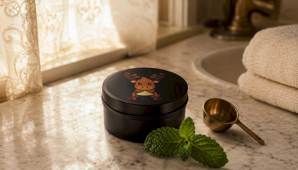 Black matte tin tallow deodorant balm on bathroom counter