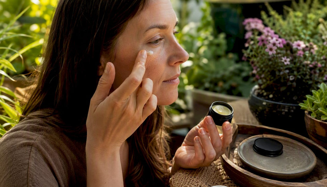 Hands applying eye cream near eyes