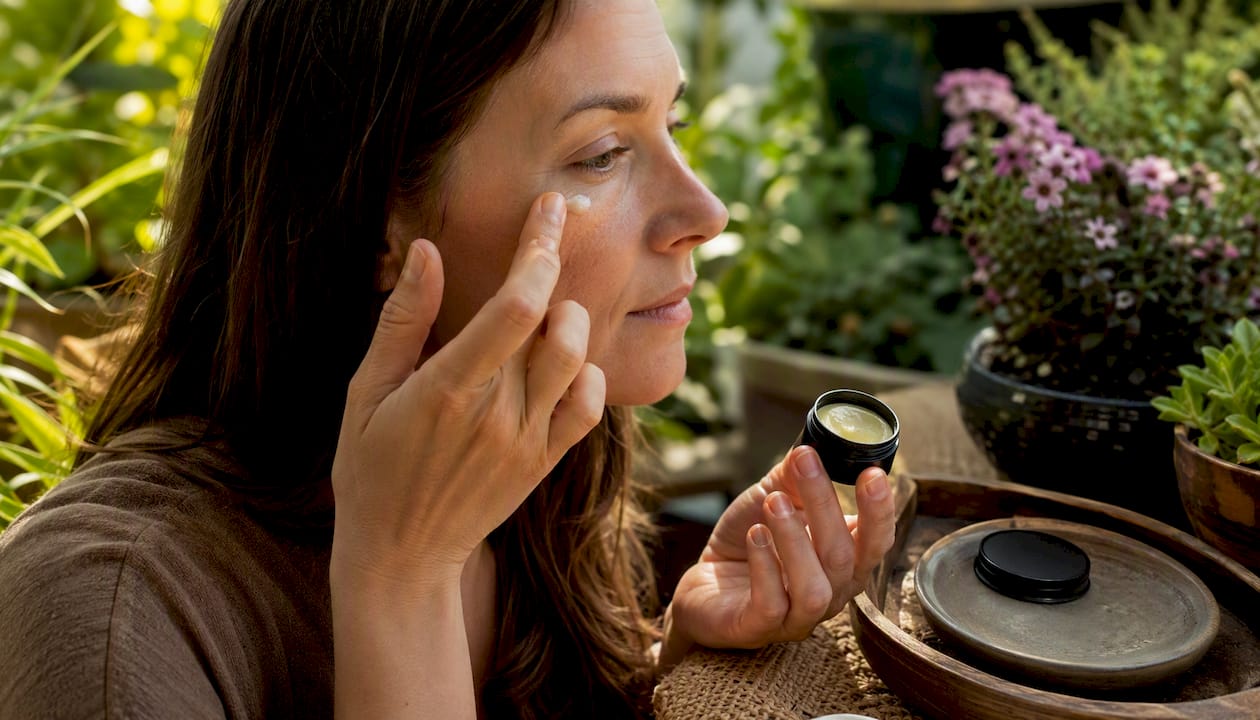 Hands applying eye cream near eyes