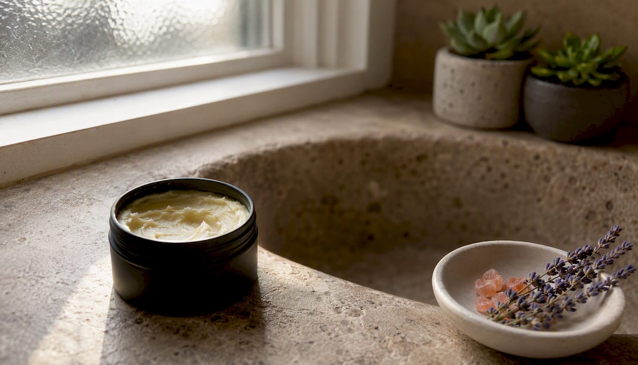 Matte black deodorant tin with arrowroot and magnesium salts