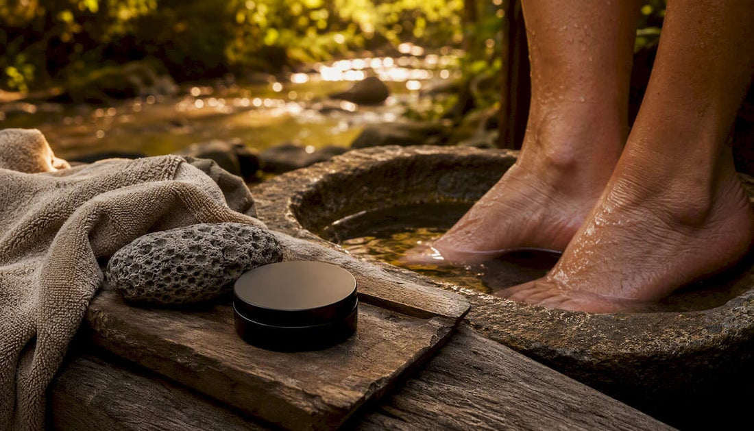 Feet soaking in warm water with natural balm nearby