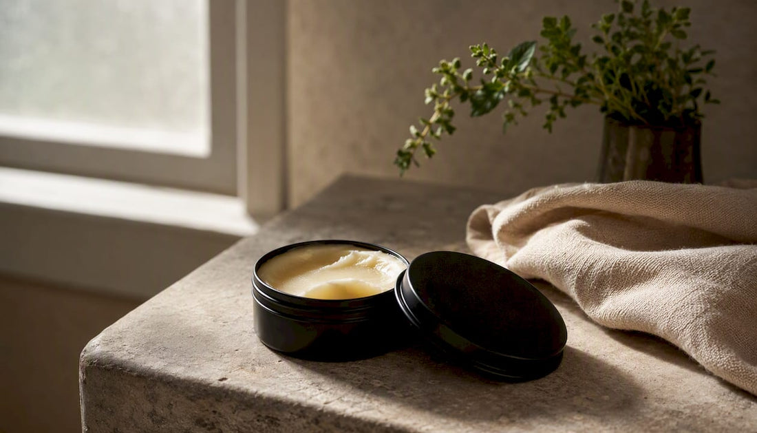 Open matte black tin of tattoo aftercare balm