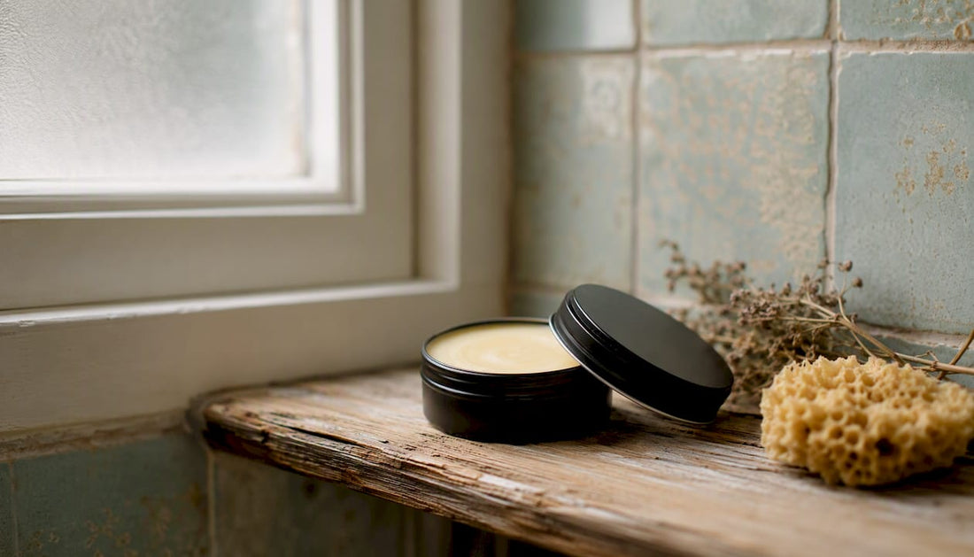 Tallow balm tin on bathroom counter with water droplets
