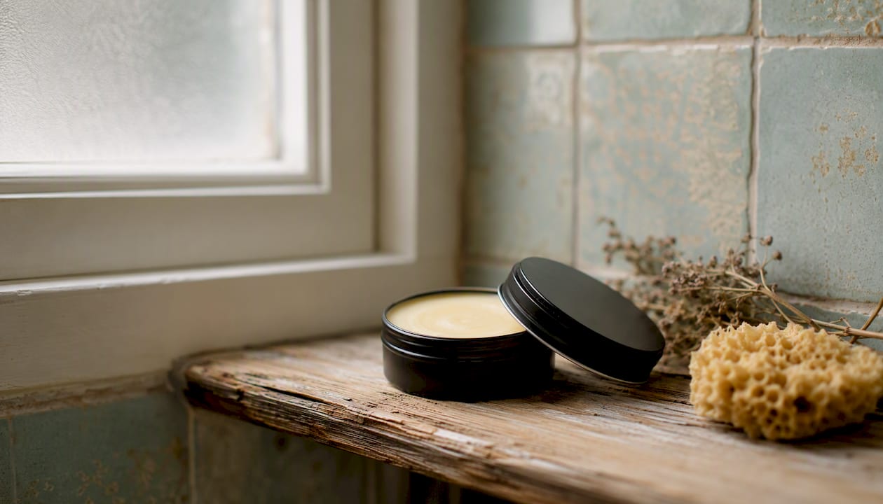 Tallow balm tin on bathroom counter with water droplets