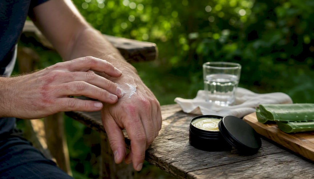 Applying tallow balm to mild sunburn on arm