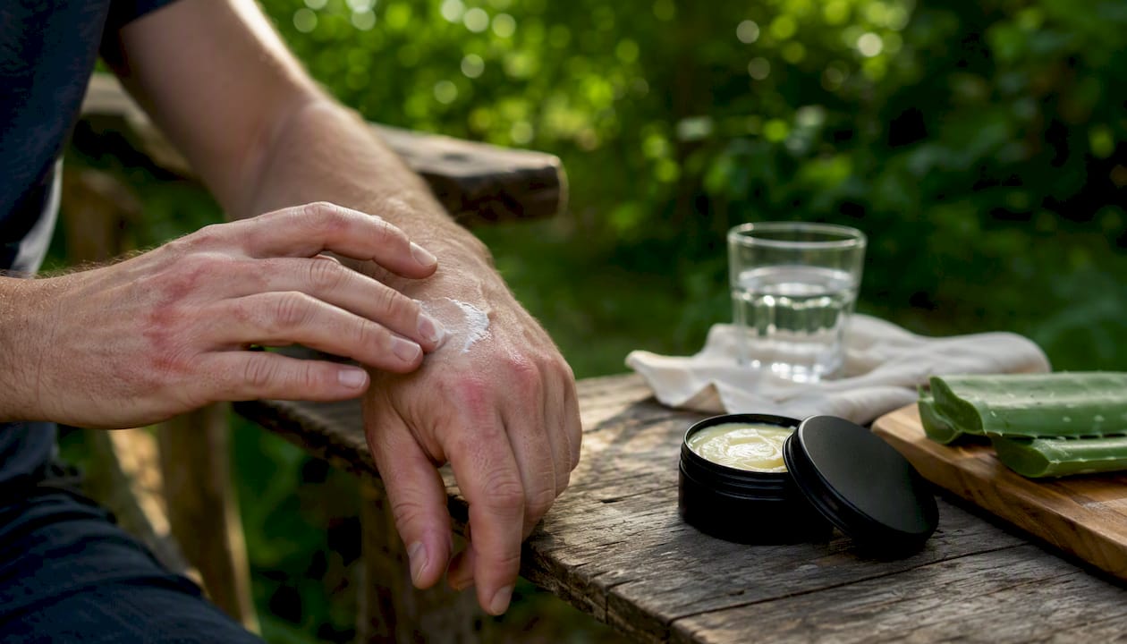 Applying tallow balm to mild sunburn on arm