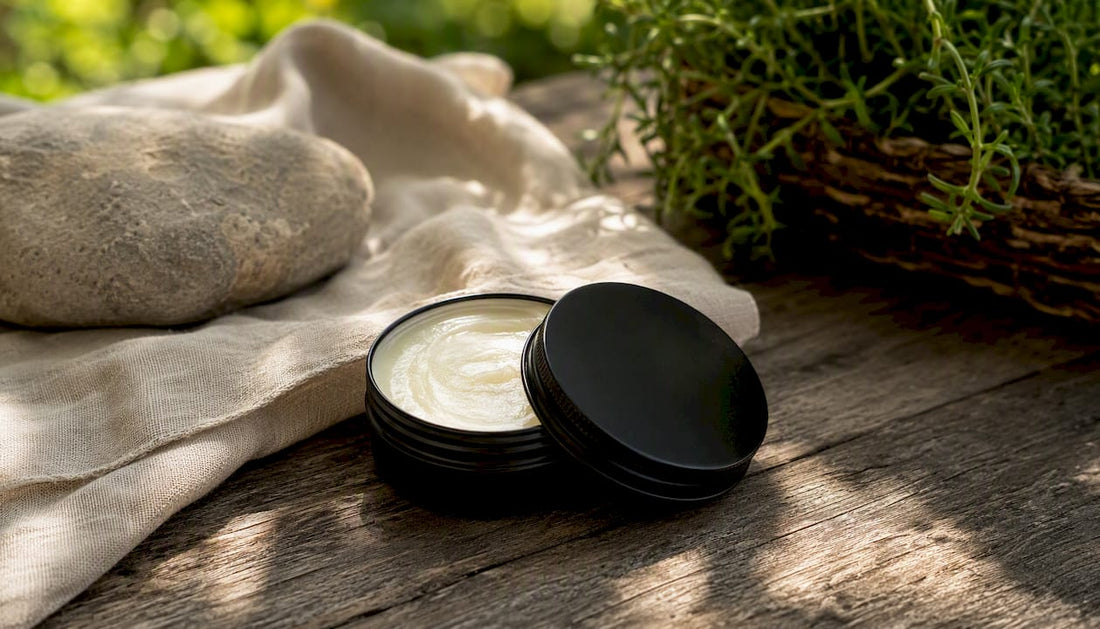 Open tin of natural tallow deodorant balm