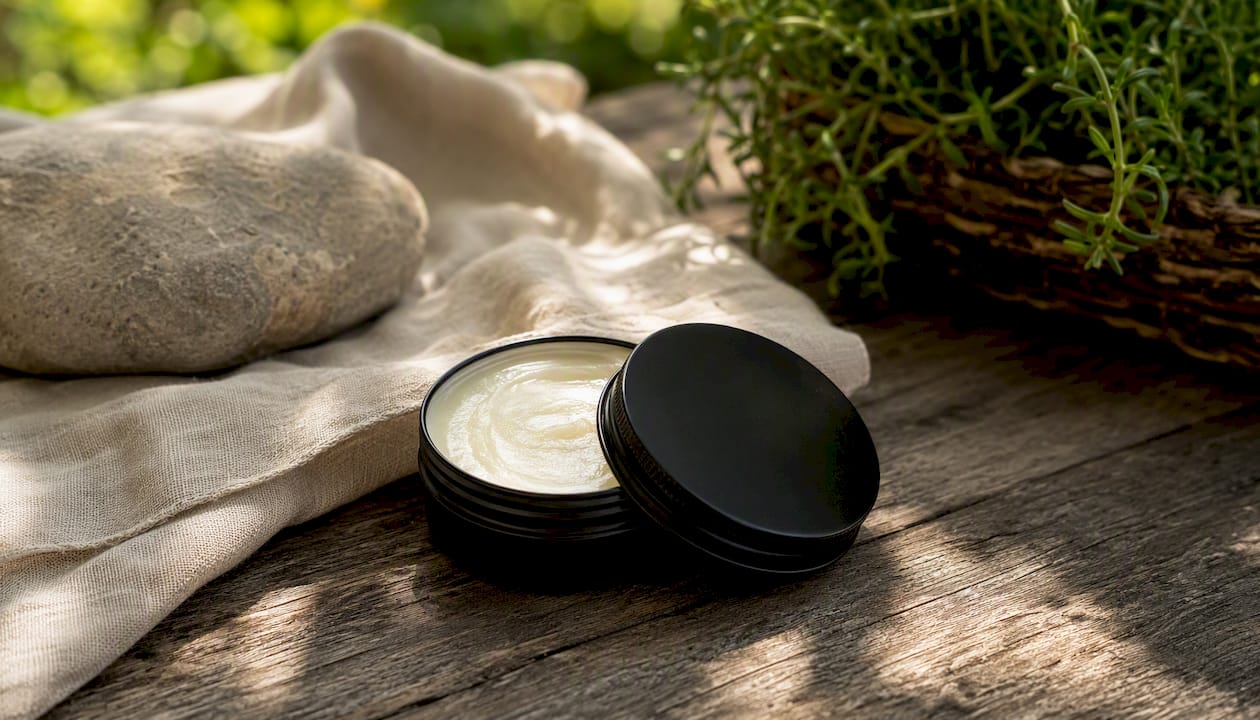 Open tin of natural tallow deodorant balm