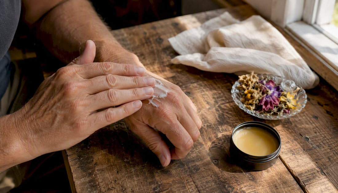 Hand scooping natural tallow balm on wood