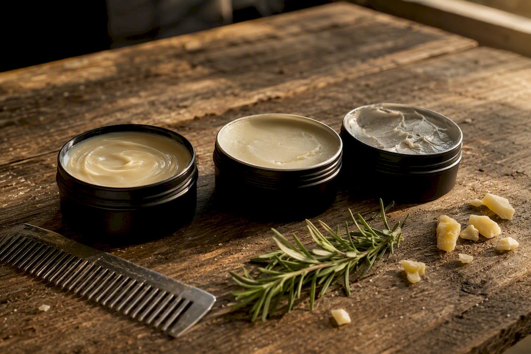 Three black tins with pomade, wax and clay styling products