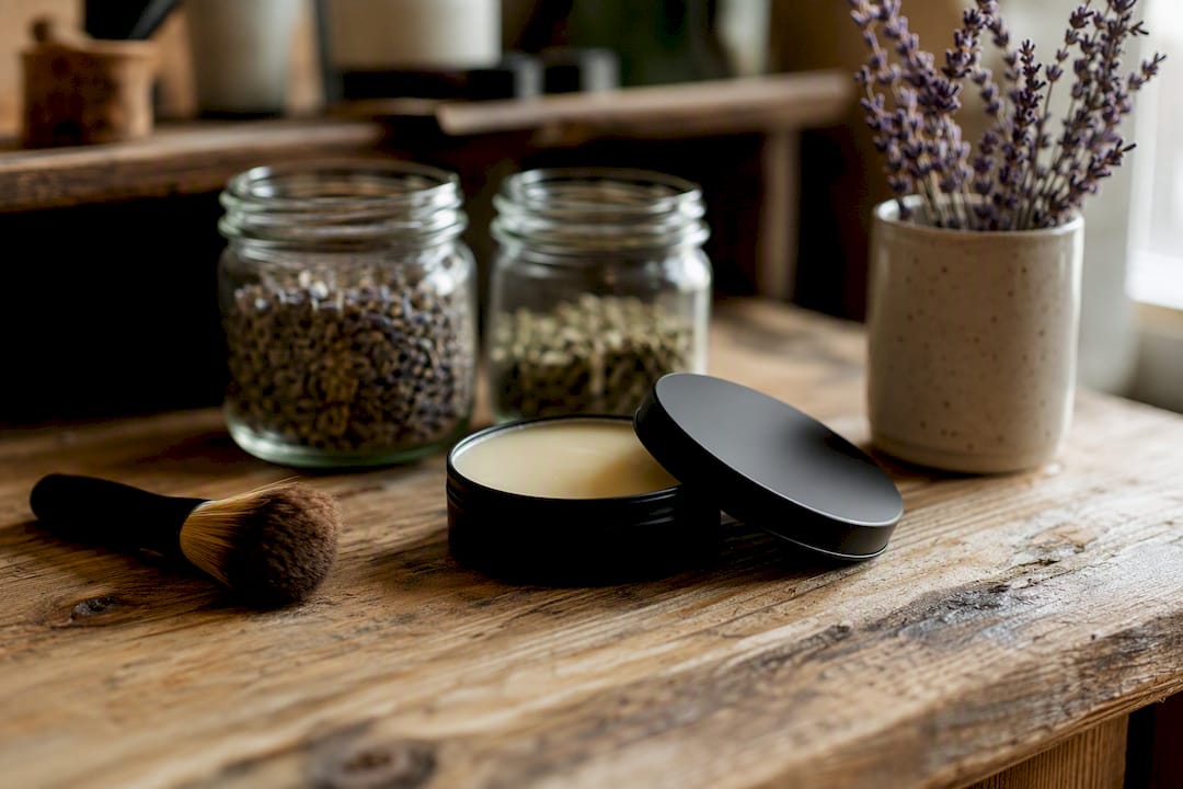 Matte black tallow balm tin partially opened on desk