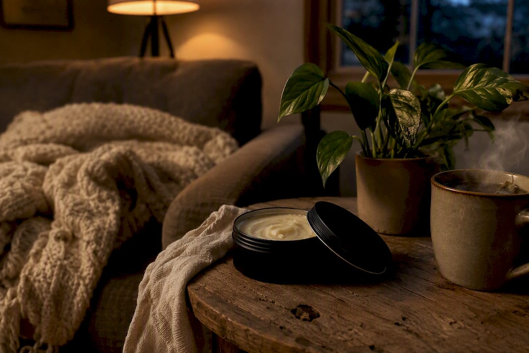 Nightstand with open black tin balm for skin care