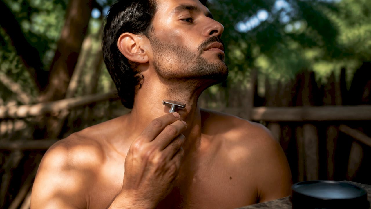 Man shaving neck in bathroom close-up