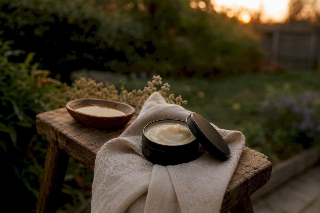 Matte black tin of tallow balm with natural skincare props