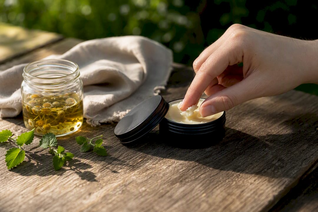 Finger applying natural eye cream from matte black tin