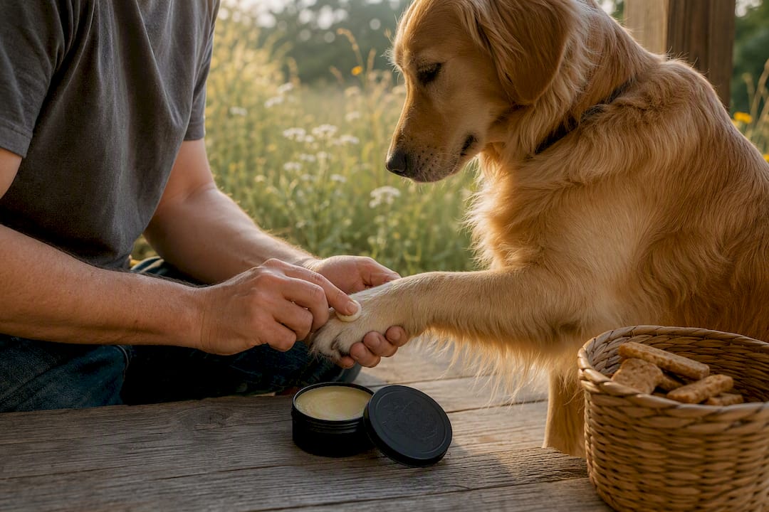 Close-up of applying dog paw balm