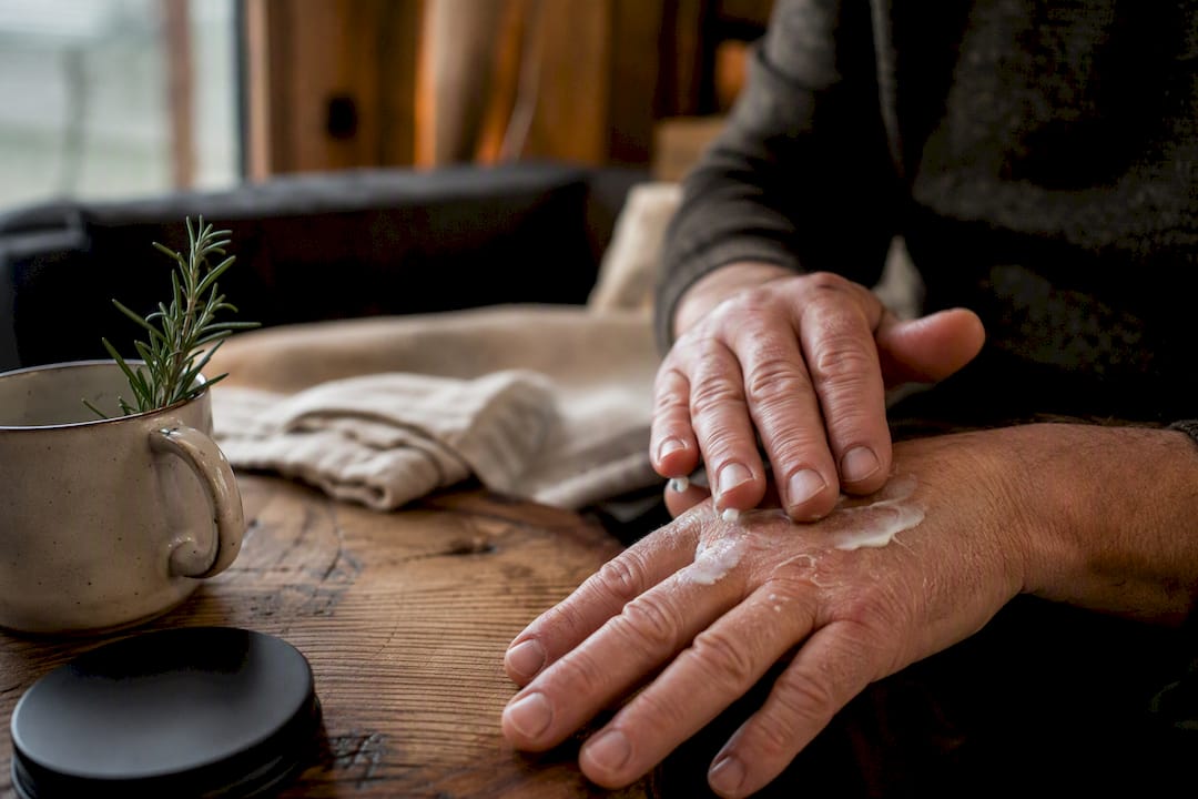 Hands applying tallow cream from black matte tin