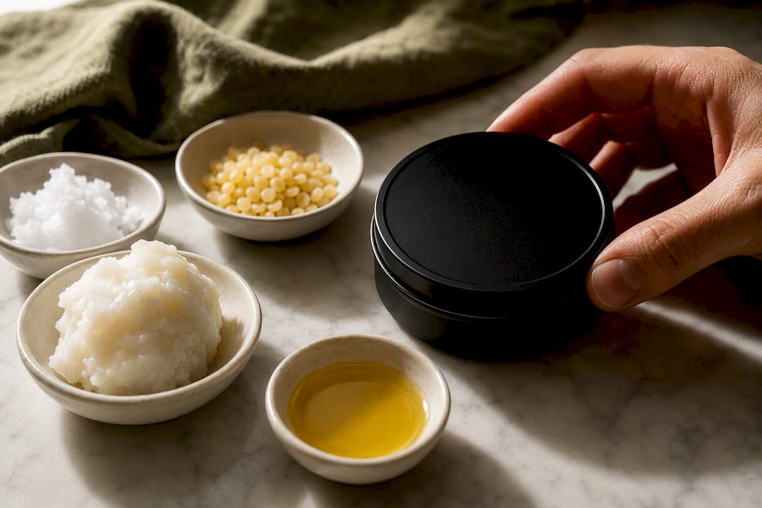 Tallow tin beside simple skincare ingredients