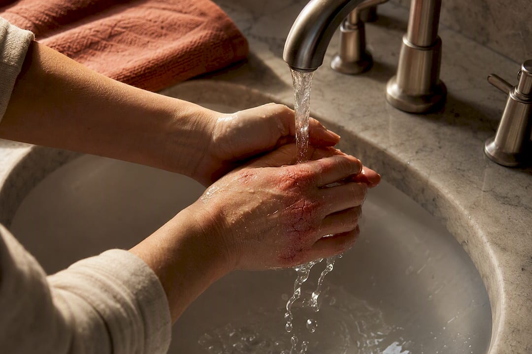 Dry cracked hands rinsing under faucet