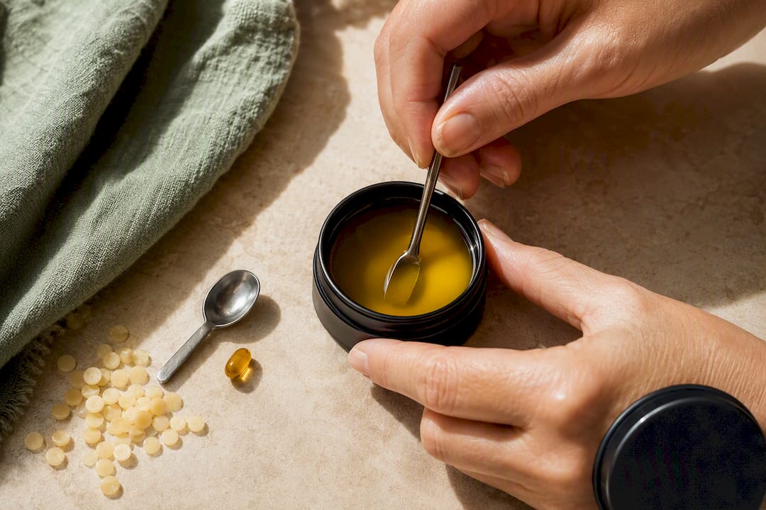 Hands mixing beeswax and castor oil