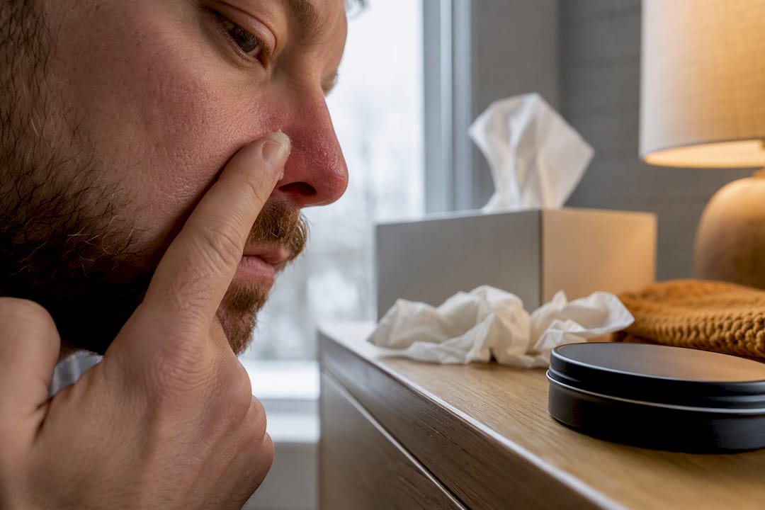 Hand applying balm beside a chapped nose