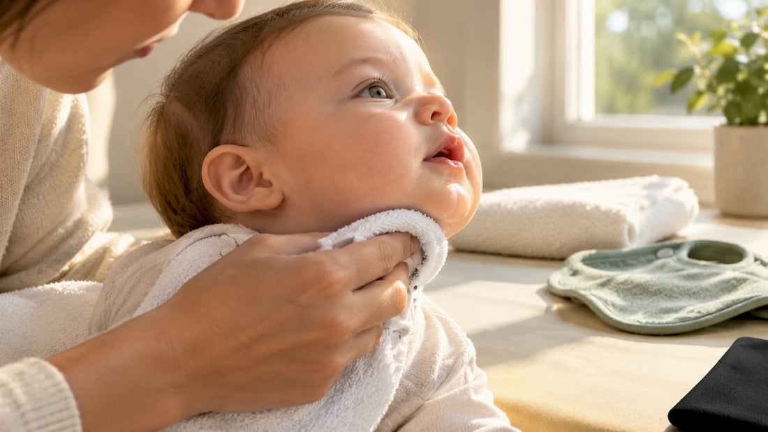 Caregiver gently drying baby's chin