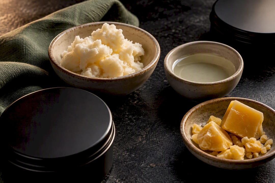 Anhydrous skincare ingredients beside matte black tins