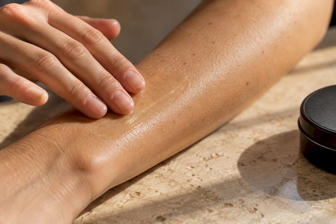 Fingertips applying jojoba oil to forearm
