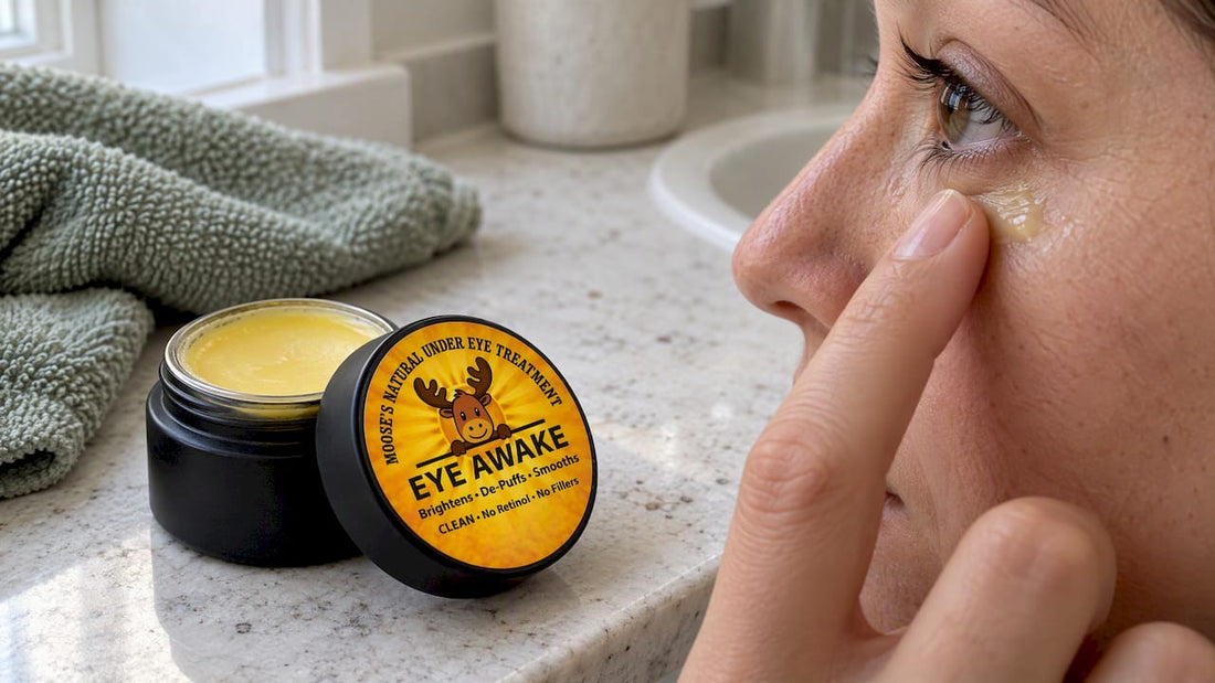 Eye Awake tallow balm beside under-eye application