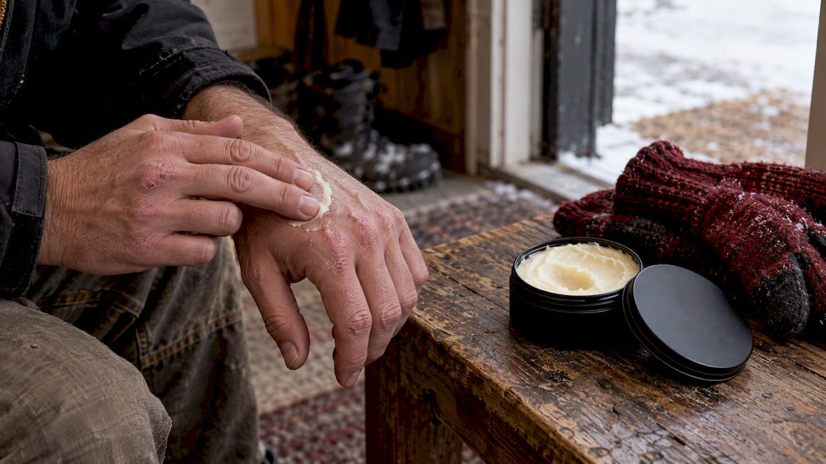 Applying tallow cream to dry winter hands