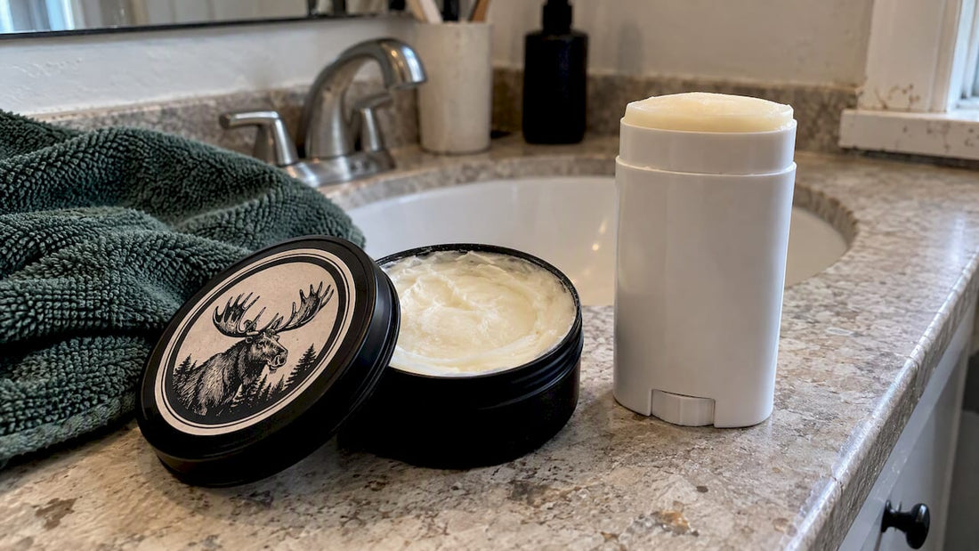 Black tallow deodorant tin beside plain stick