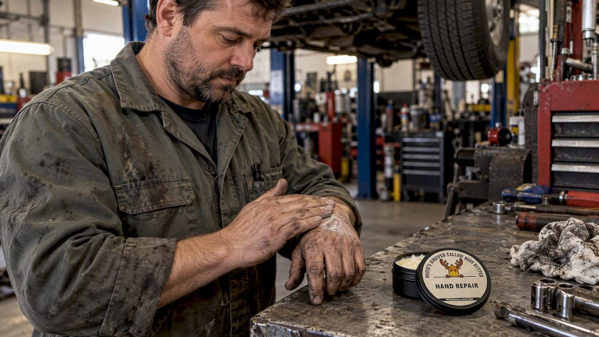 Mechanic applying tallow hand cream after work